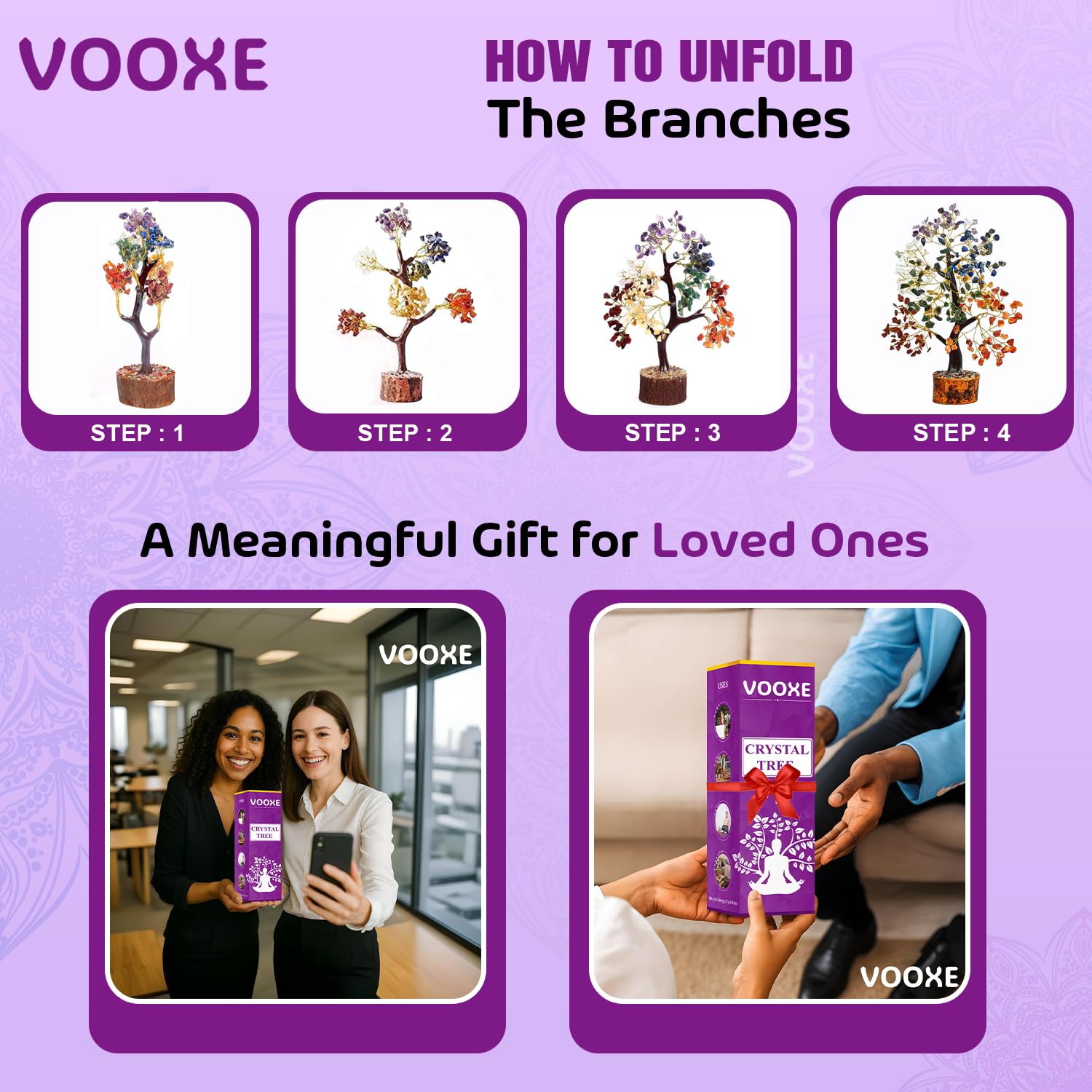 VOOXE handcrafted chakra tree evokes mindful decor and positive ambiance.