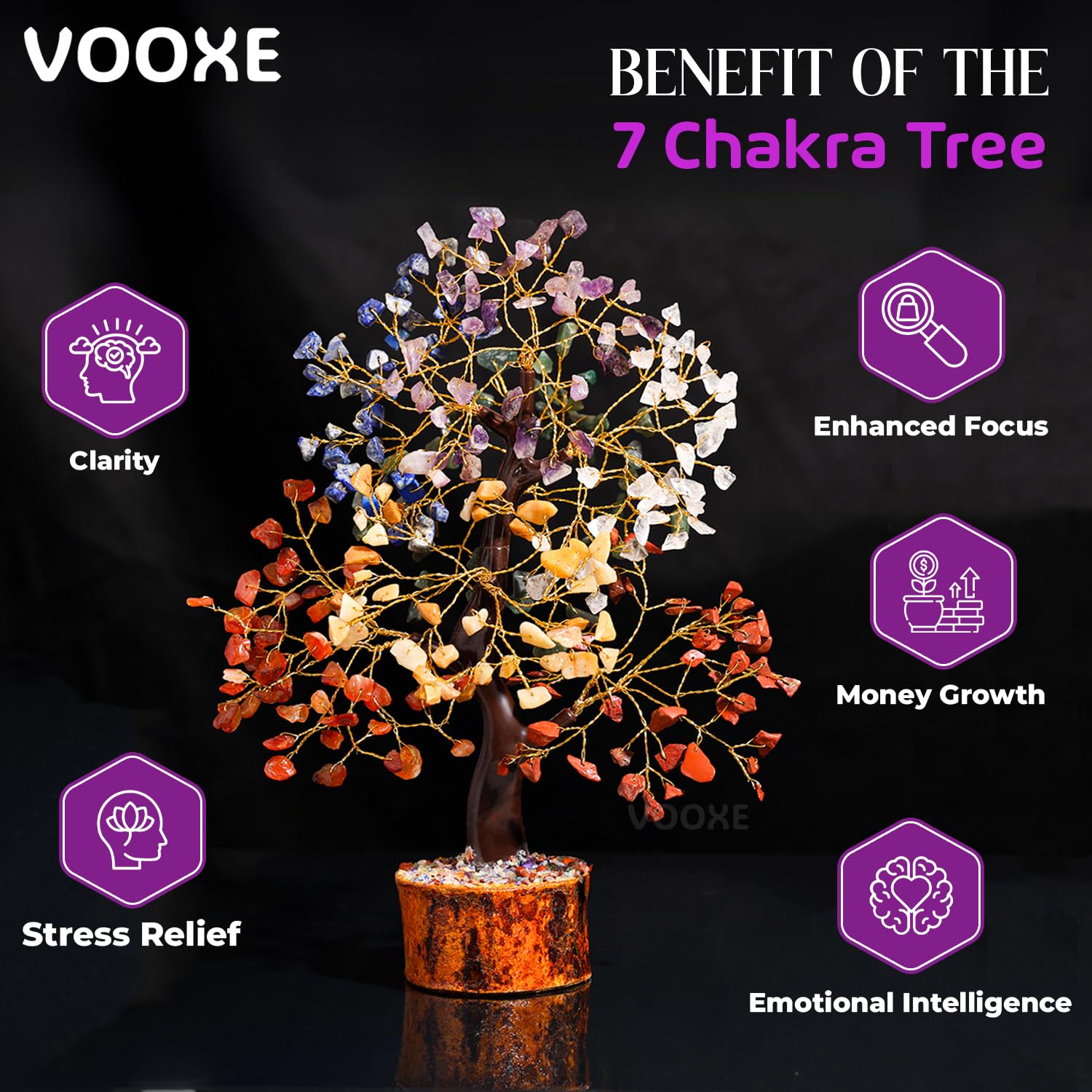 VOOXE handcrafted chakra tree base on wood enhances desk harmony.