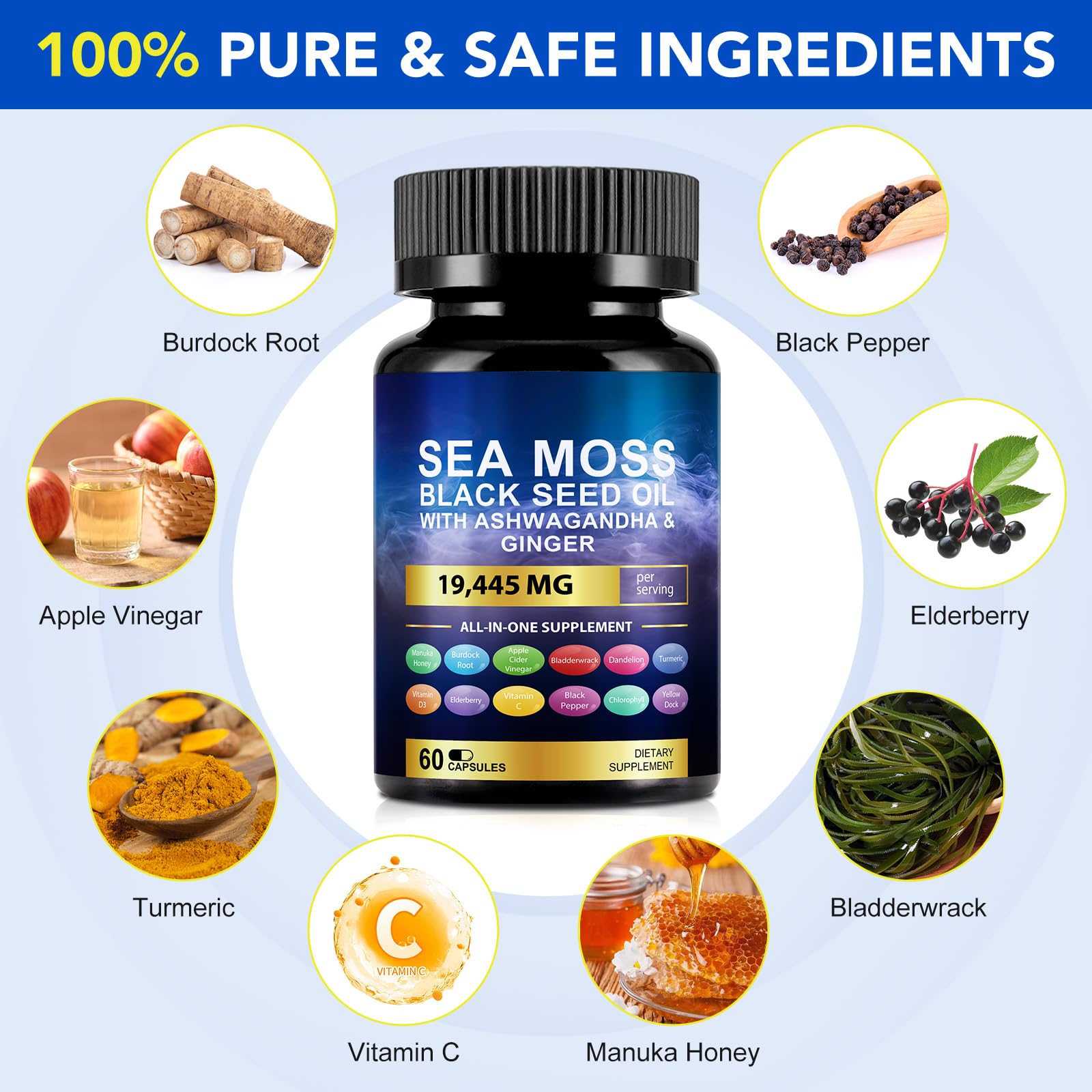 Close-up of Vortexonix sea moss capsules highlighting a vegetarian, easy-to-swallow design