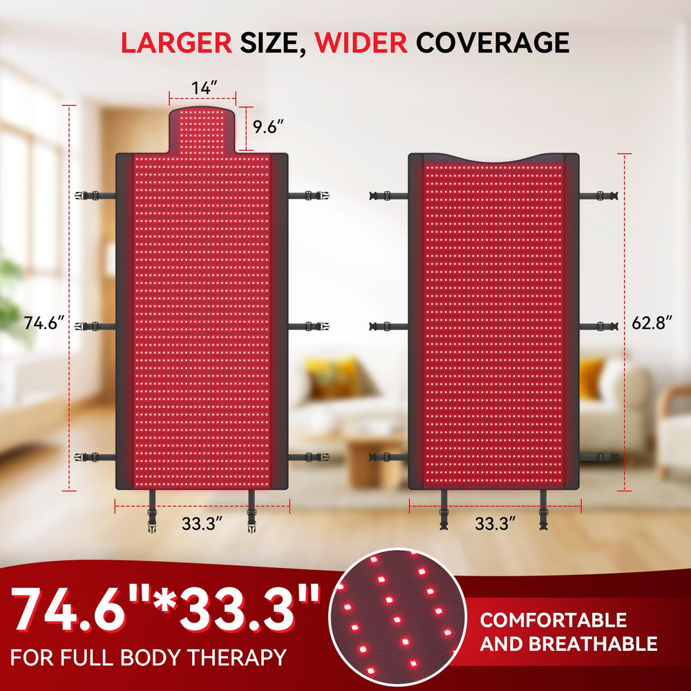 Vortro full-body red light therapy mat on couch for convenient at-home sessions.