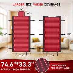 Vortro full-body red light therapy mat on couch for convenient at-home sessions.