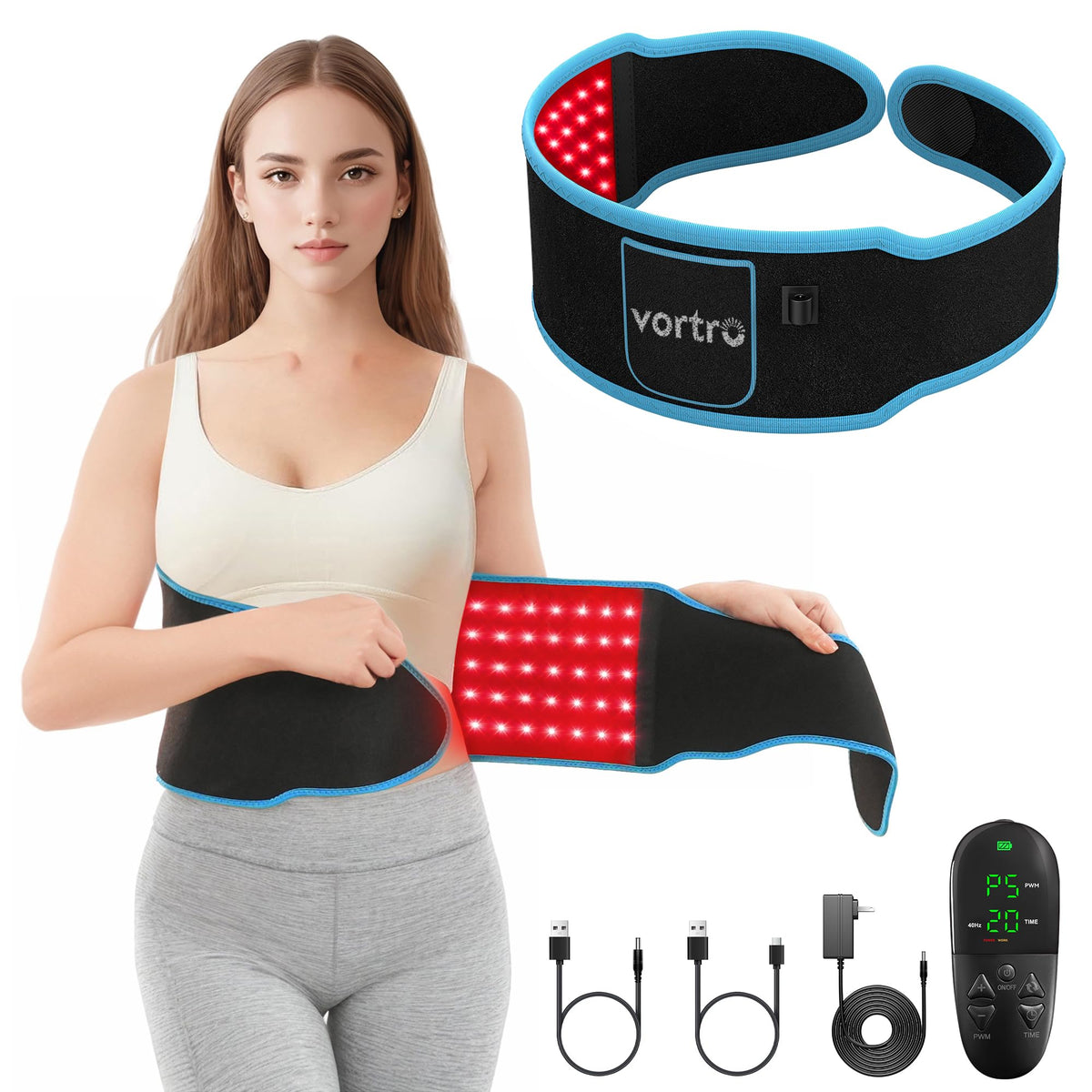 Vortro belt shows 3-in-1 LED beads for targeted red and infrared therapy.
