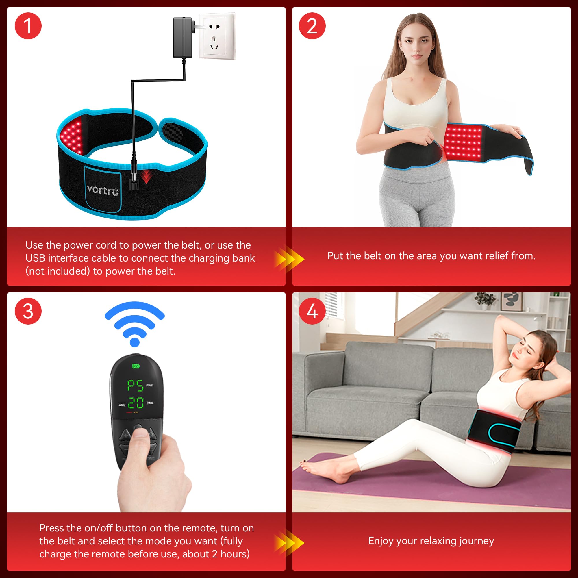 Vortro belt used on knees and legs for broader relief possibilities.