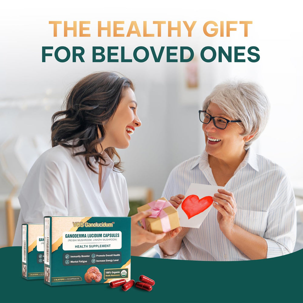 Pouring Vos Ganolucidum Red Reishi capsules for easy daily dosing