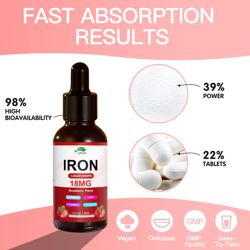 VPKIN iron drops pour demonstrates simple daily dosing for iron support.