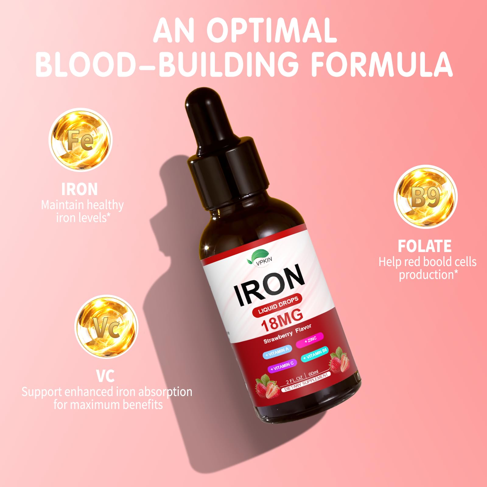 VPKIN liquid iron bottle closeup shows label with vegan minerals.