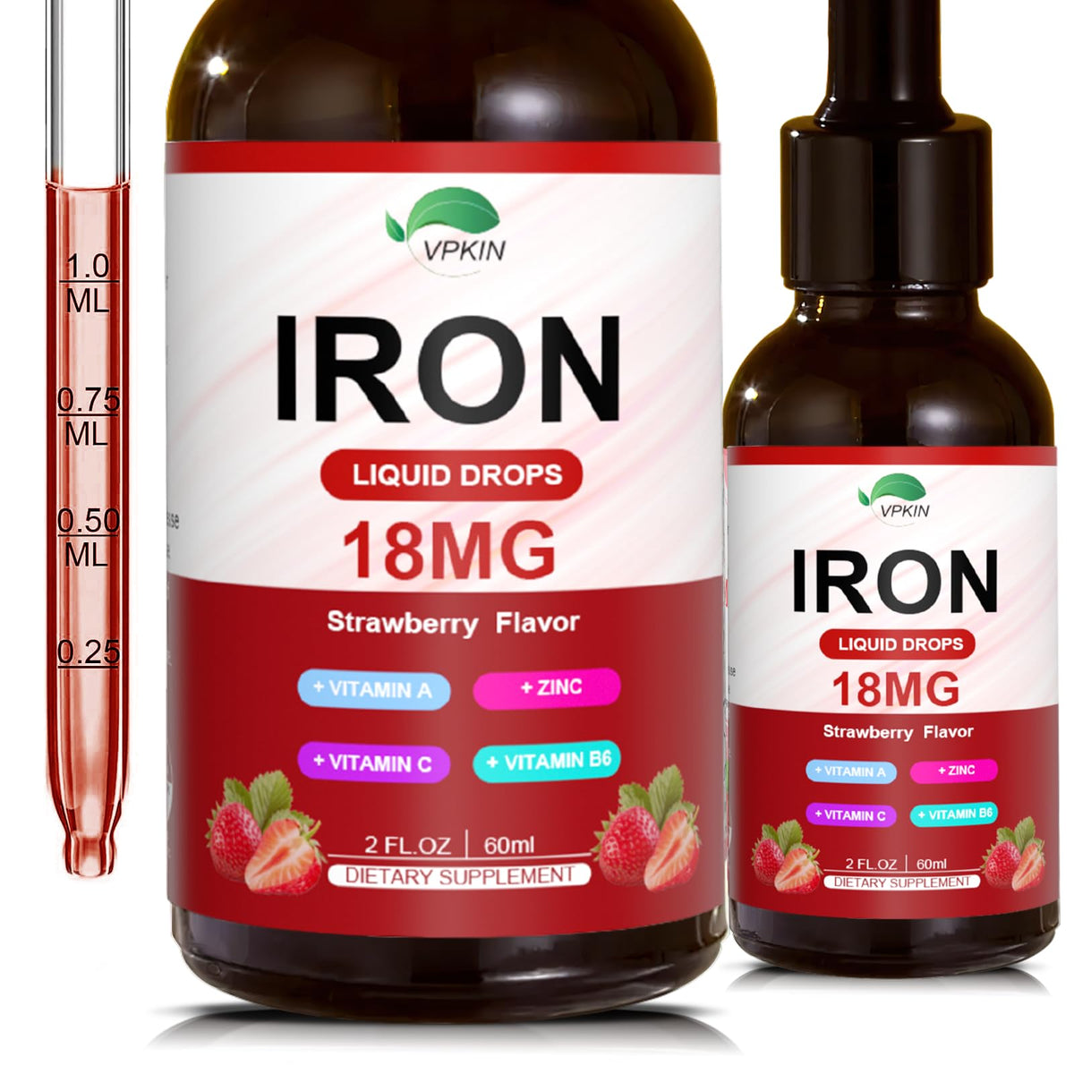 VPKIN liquid iron supplement bottle highlighting easy-to-absorb formula and strawberry flavor.