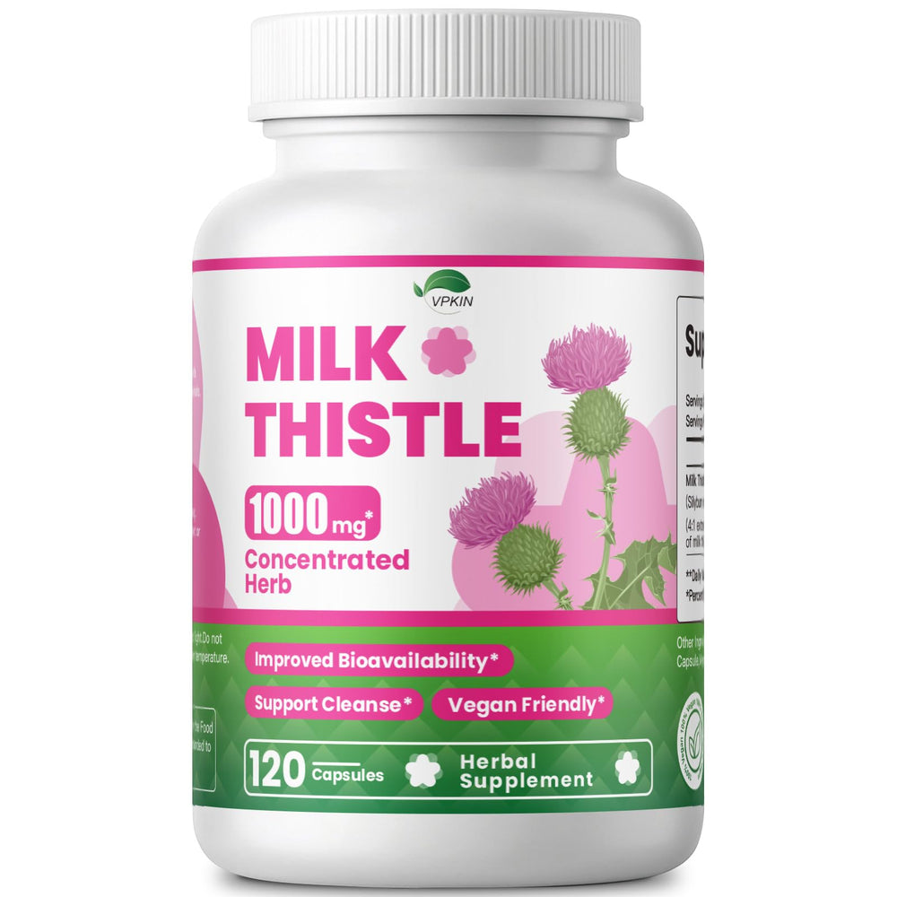 VPKIN Milk Thistle 1000mg bottle shows high-strength extract for daily support.