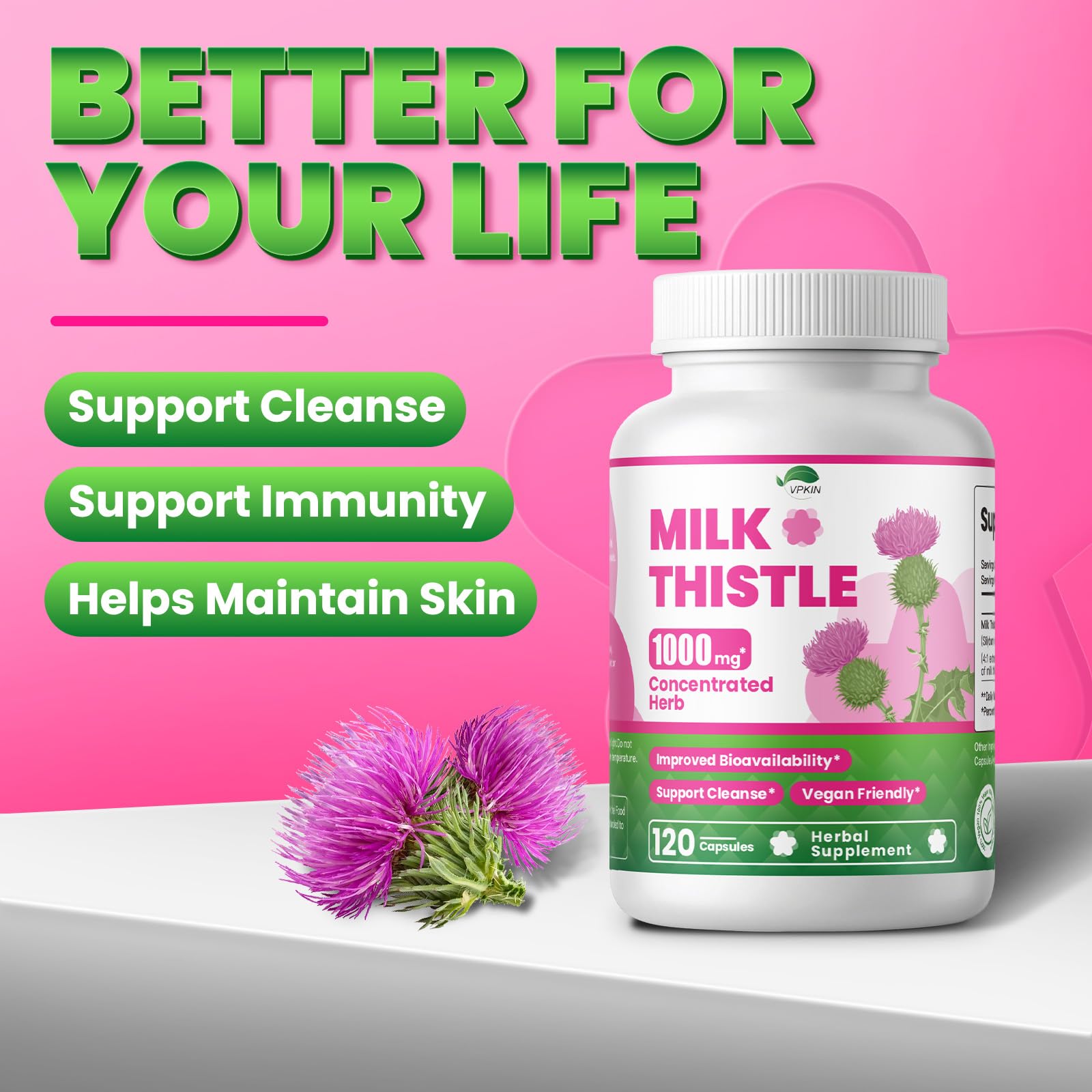 VPKIN Milk Thistle capsules ready for easy daily intake and consistency.