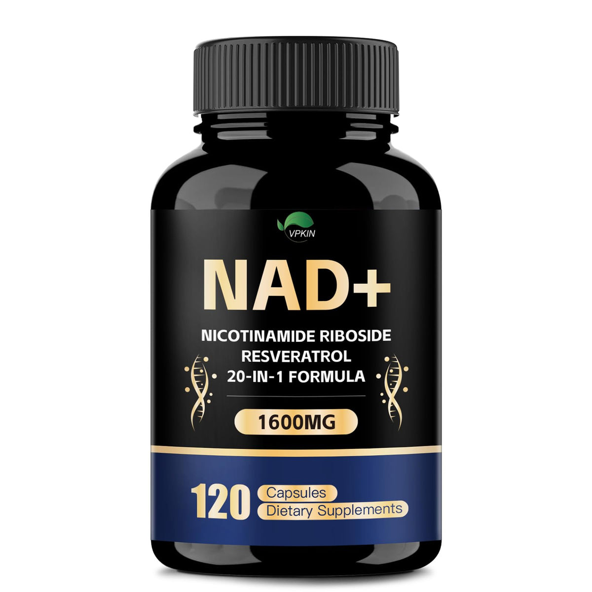 VPKIN NAD bottle front showing 1500mg NAD+ energy support.