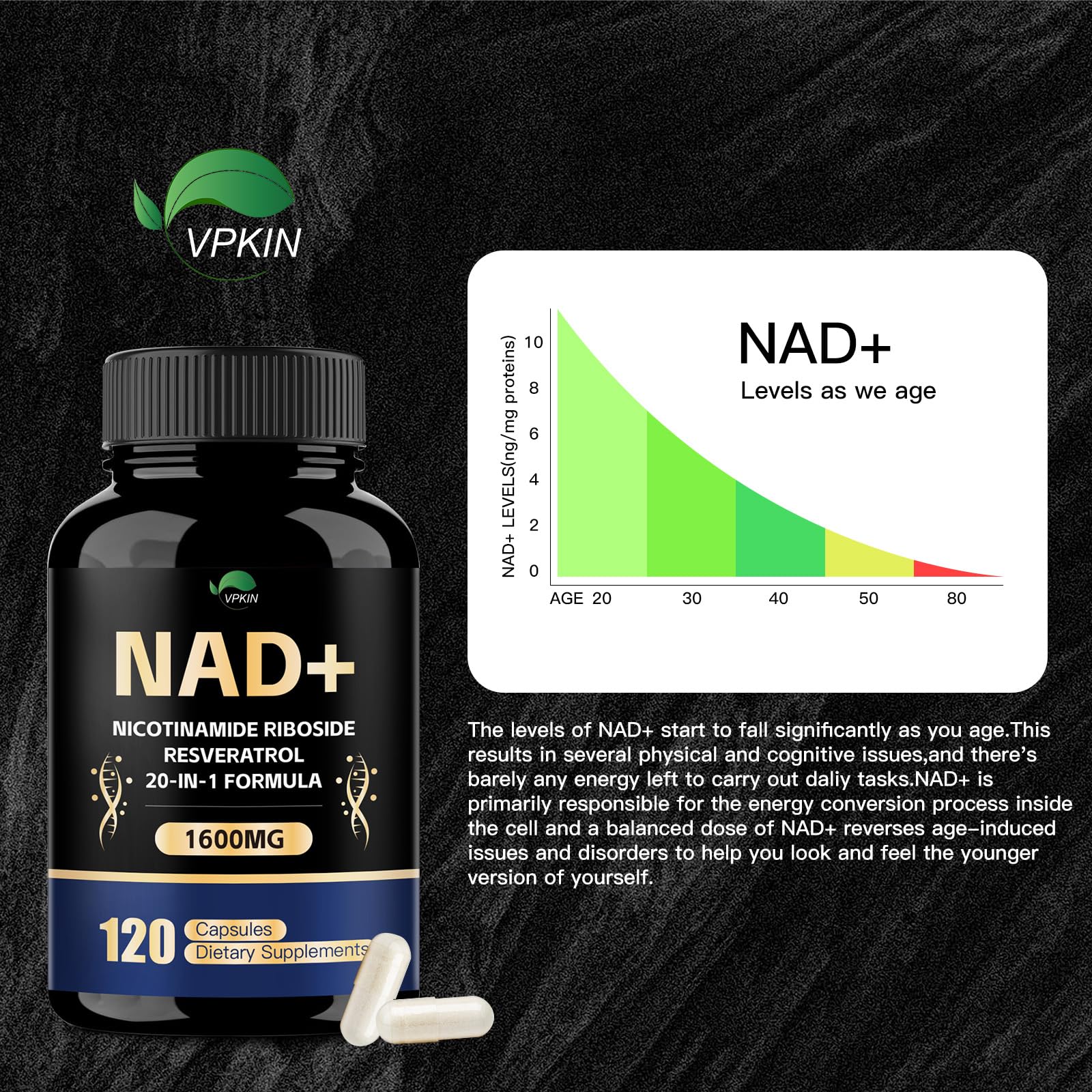 VPKIN NAD supplement bottle with label showcasing non-GMO and vegetarian-friendly formula.