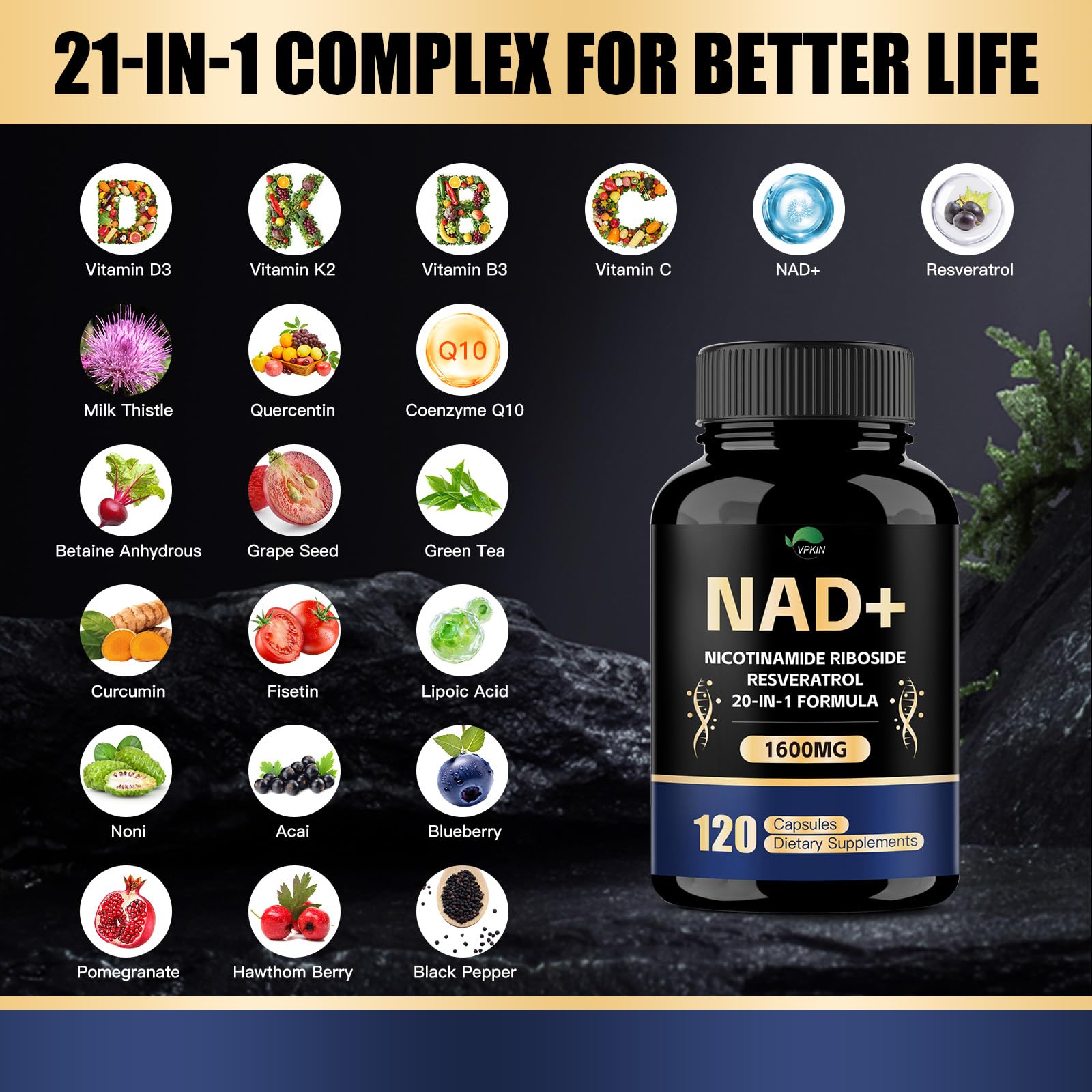 VPKIN NAD capsules close-up highlighting vegan capsules for daily vitality.