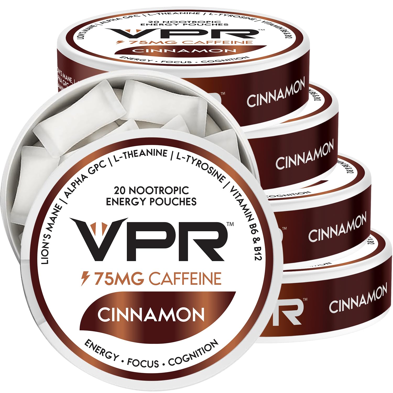 VPR Energy 75mg caffeine pouch in cinnamon flavor for clean focus on the go.