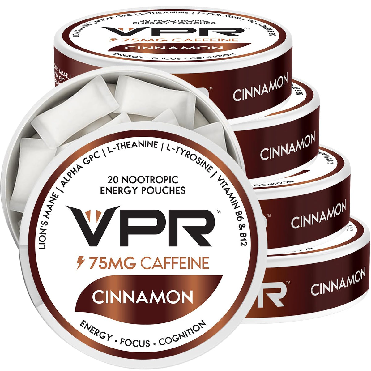 VPR Energy 75mg caffeine pouch in cinnamon flavor for clean focus on the go.