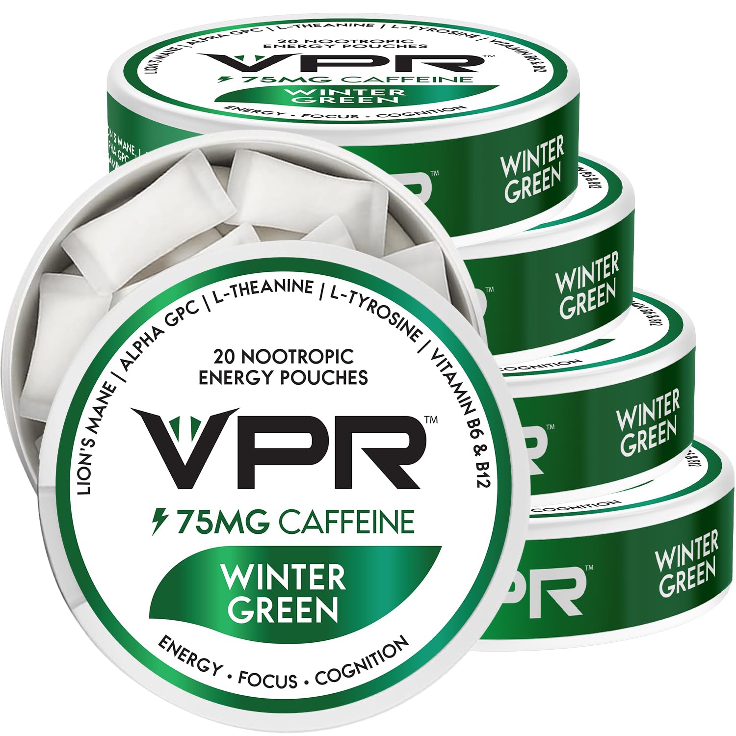 VPR Energy 75mg caffeine pouch in wintergreen front view boosts quick focus