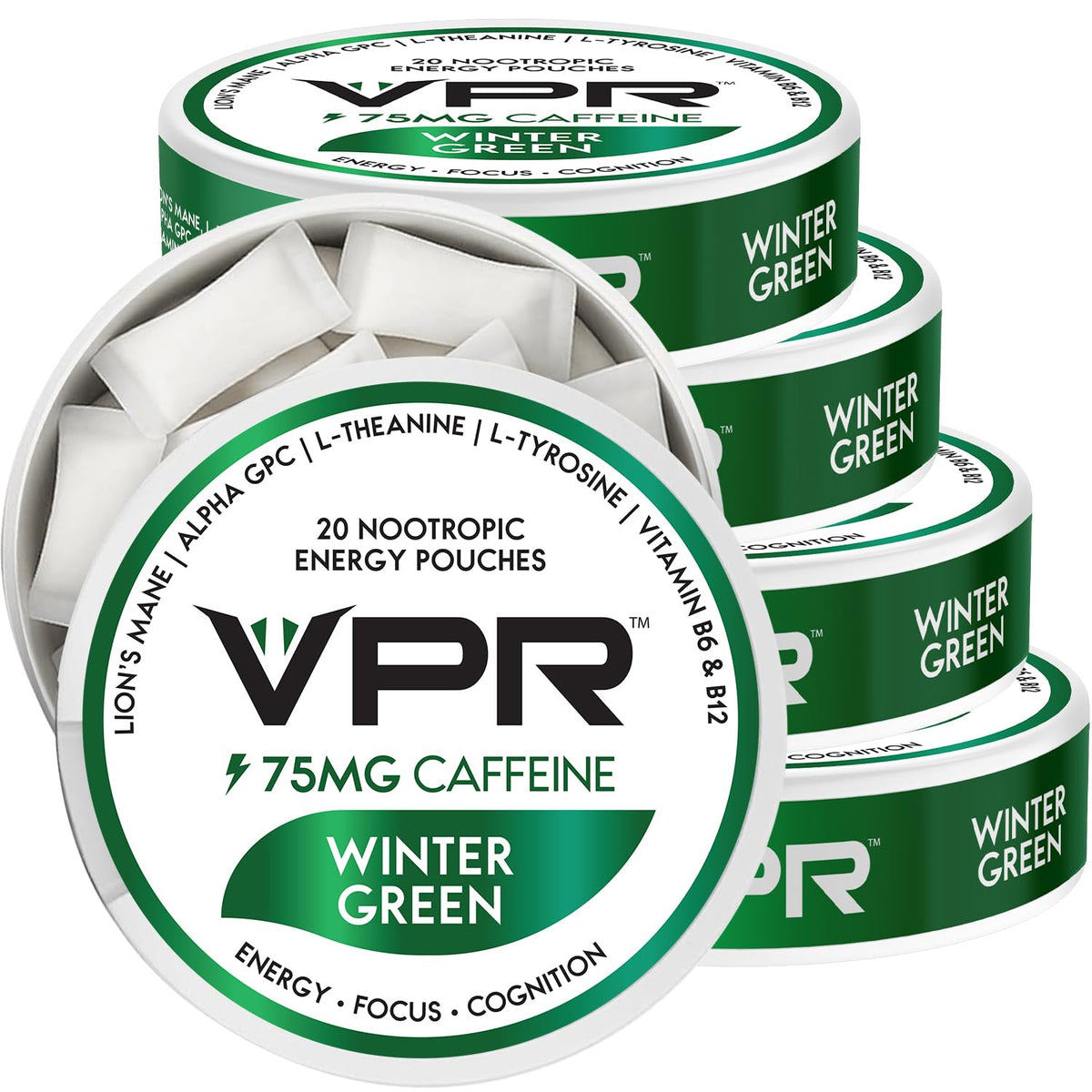VPR Energy 75mg caffeine pouch in wintergreen front view boosts quick focus