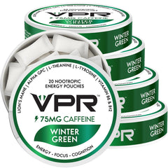 VPR Energy 75mg caffeine pouch in wintergreen front view boosts quick focus