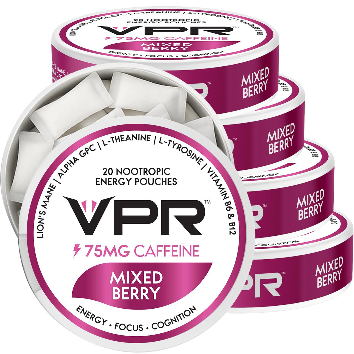 VPR Energy 75mg caffeine pouch for smooth energy and focus during work or study.