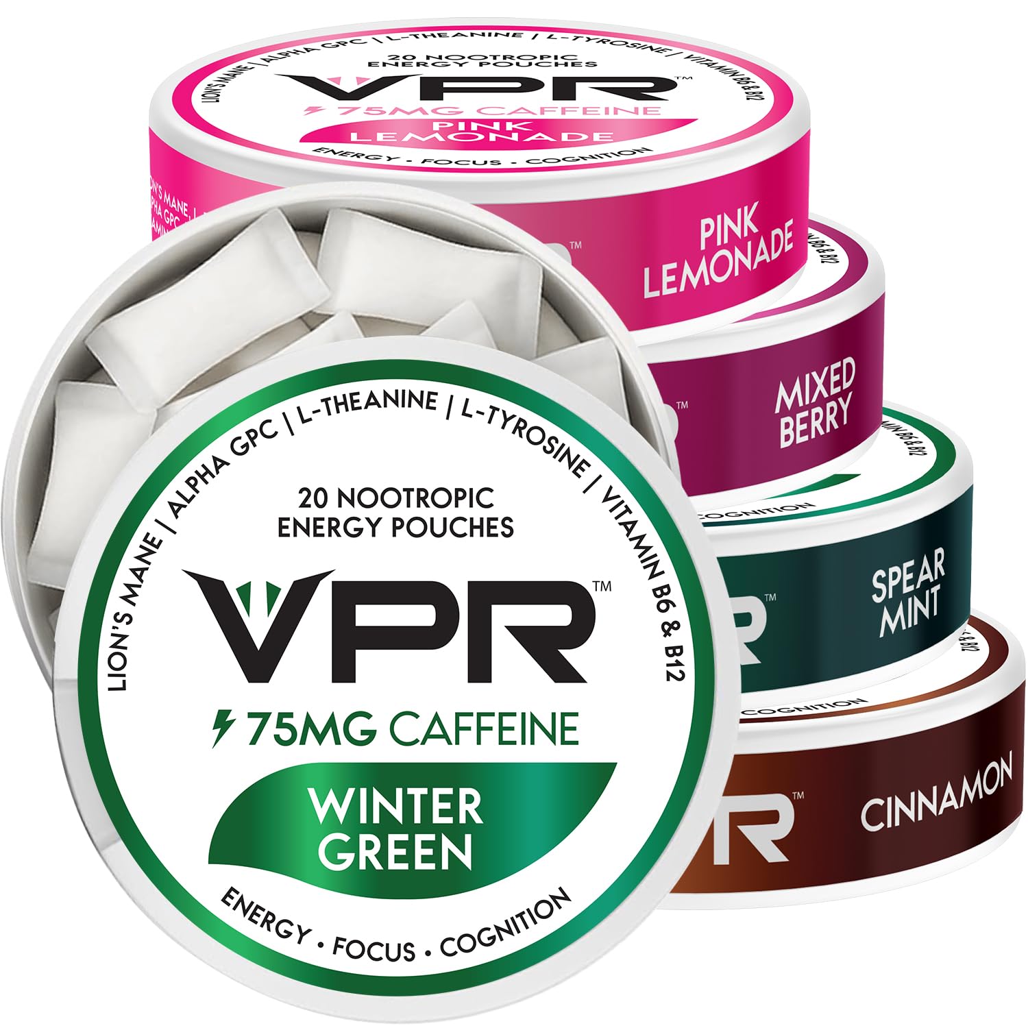 VPR Energy 75mg caffeine pouch front view for smooth focus during work