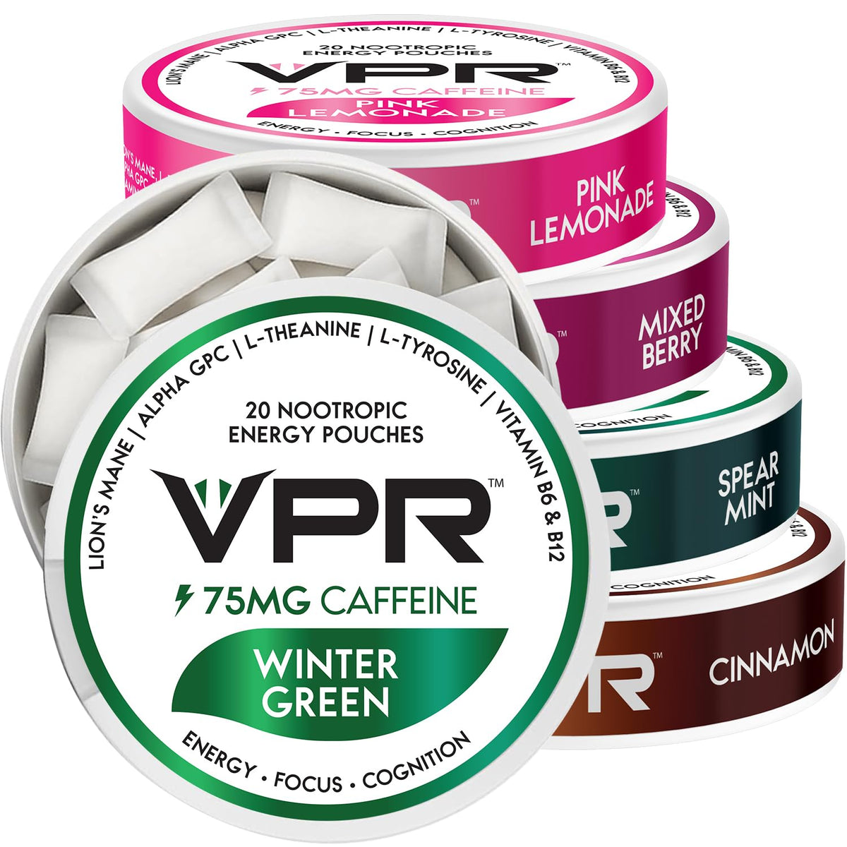 VPR Energy 75mg caffeine pouch front view for smooth focus during work