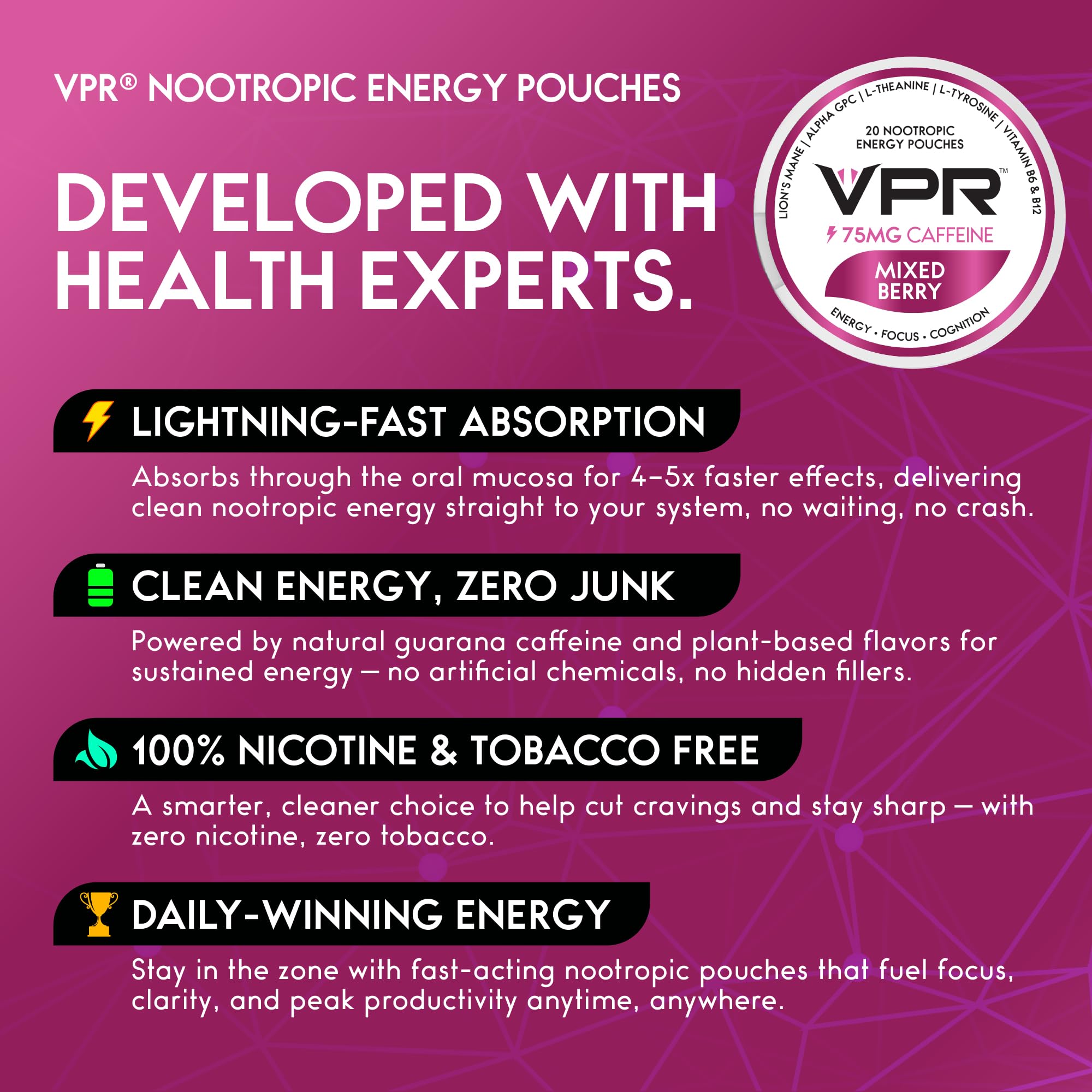 VPR Energy L-Theanine pouch for calm, balanced focus without jitters.