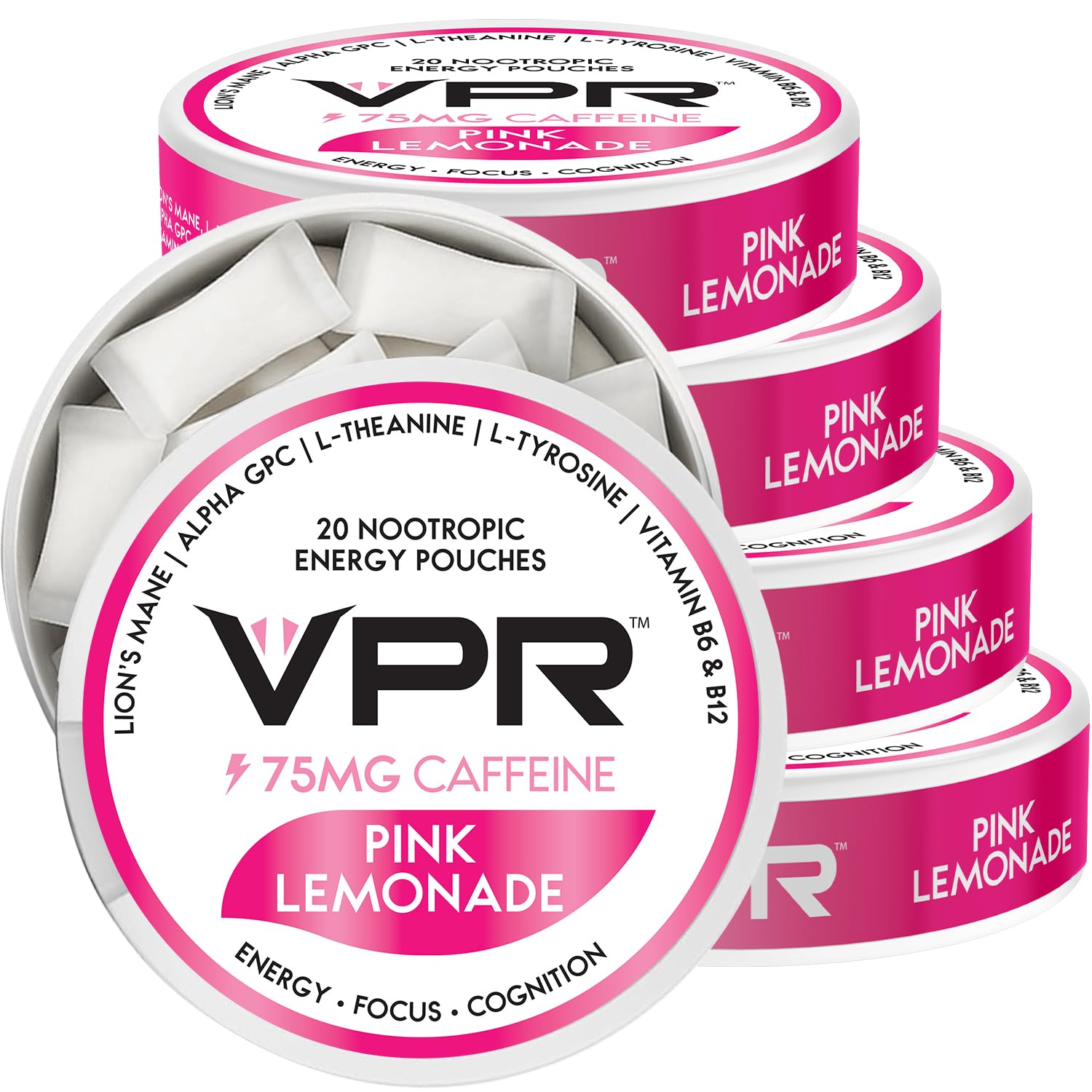 VPR Energy pink lemonade pouch front for quick, clean caffeine boost.