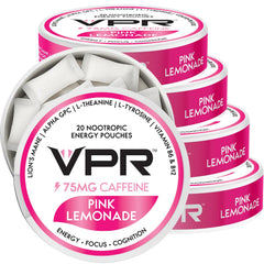 VPR Energy pink lemonade pouch front for quick, clean caffeine boost.