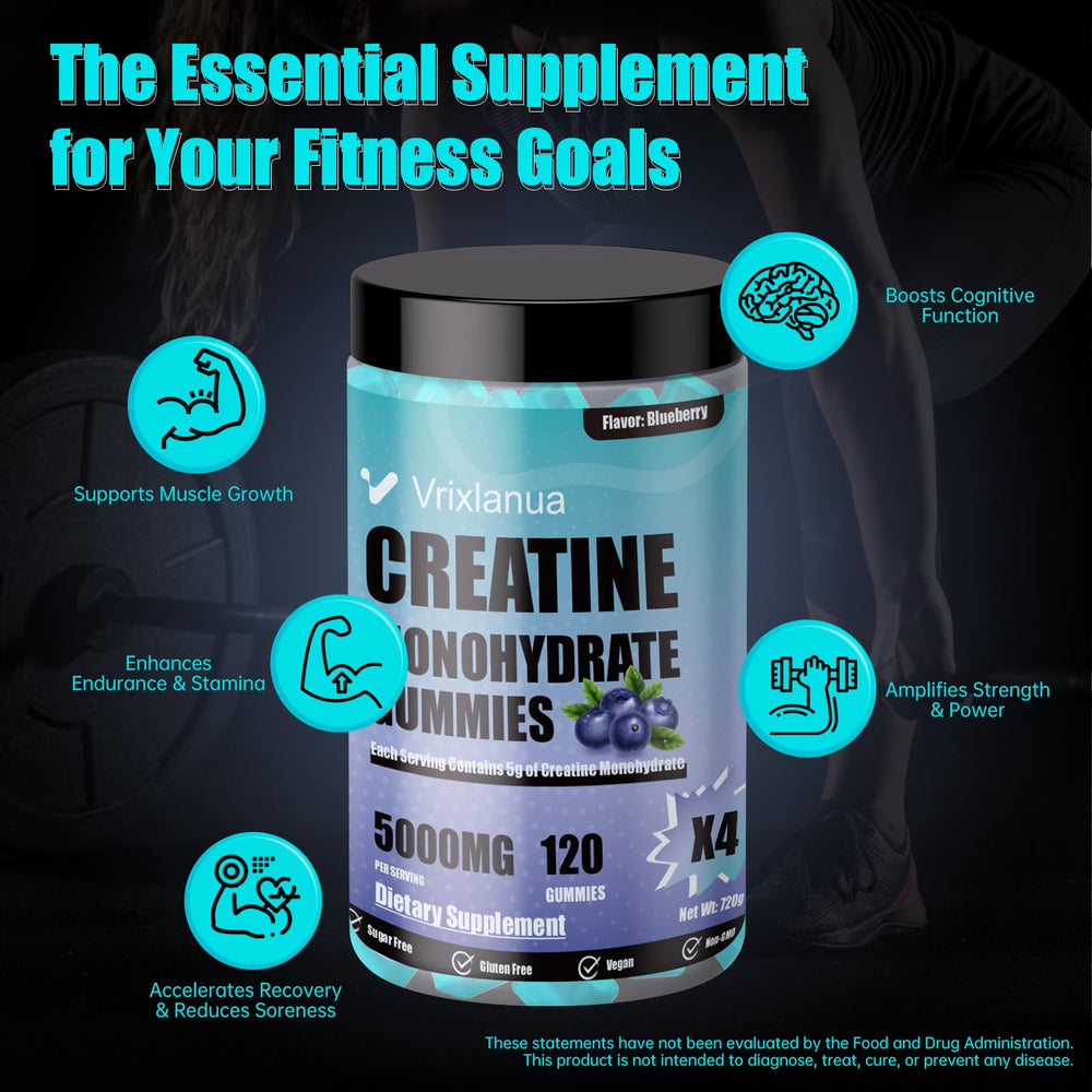 Vrixlanua Creatine Monohydrate Gummies bottle back label showing vegan, sugar-free formula.