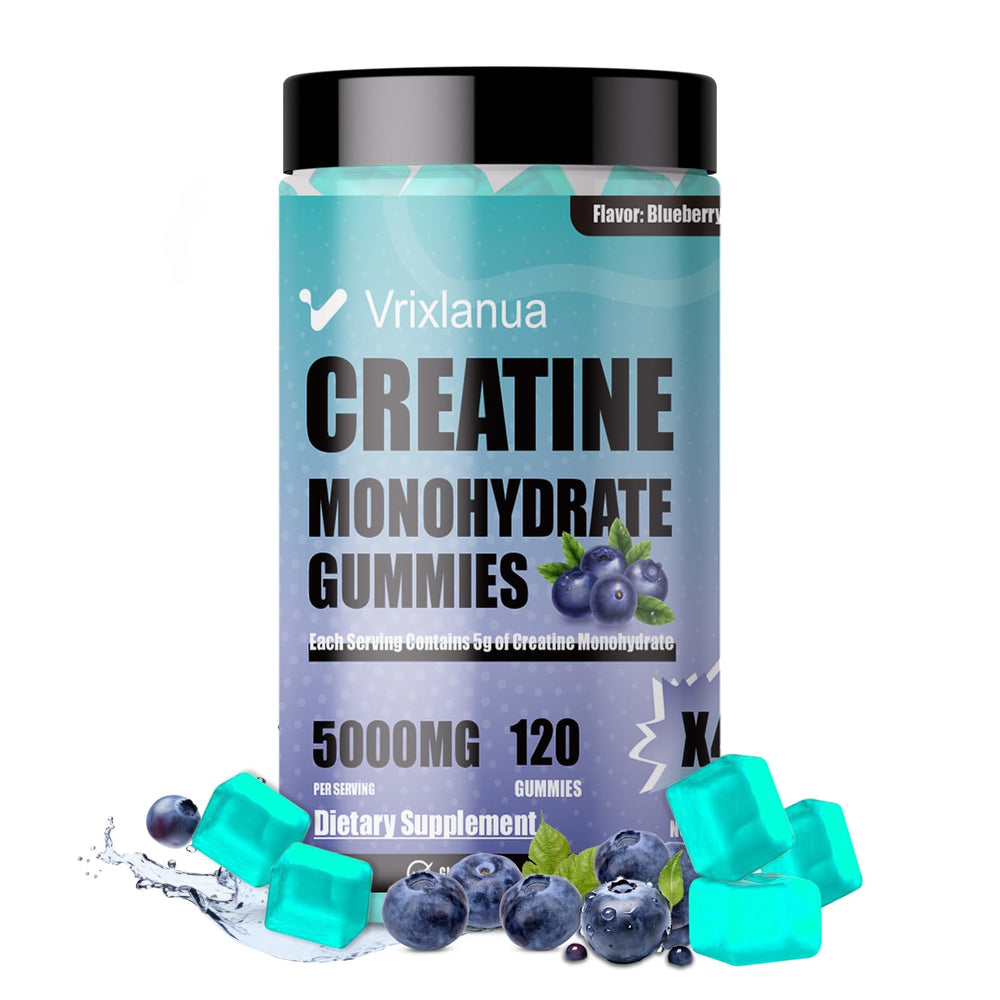 Vrixlanua Creatine Monohydrate Gummies bottle front promoting high-dose muscle support.