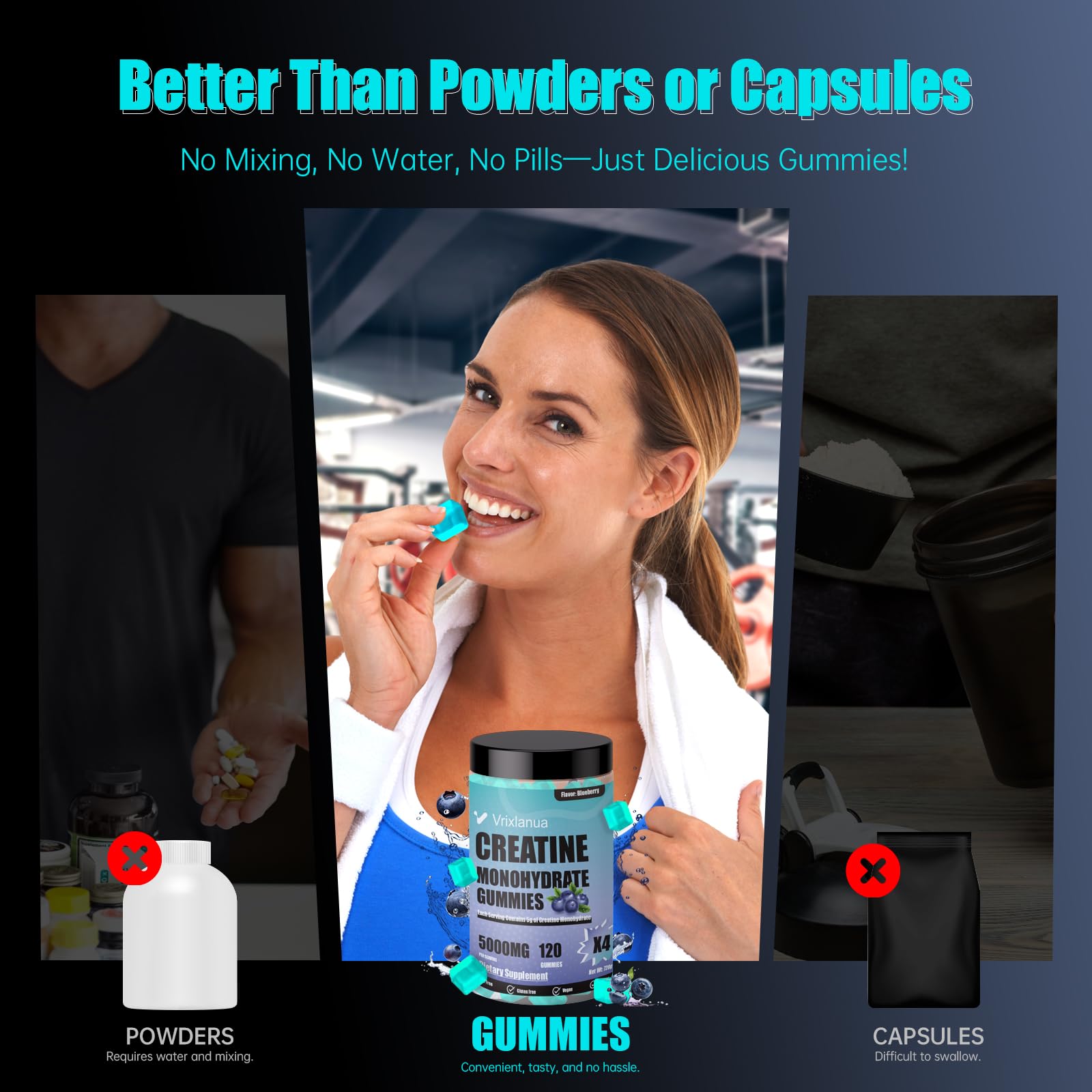 Vrixlanua Creatine Monohydrate Gummies closeup texture for pure creatine feel.