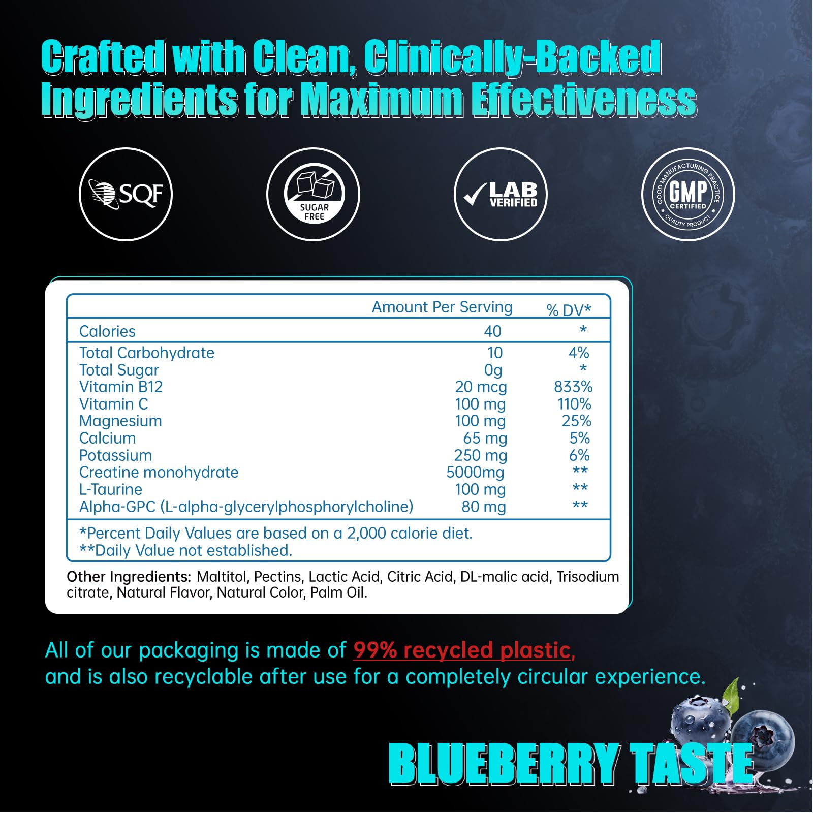 Vrixlanua Creatine Monohydrate Gummies vegan label emphasizes clean energy and sugar-free formula.