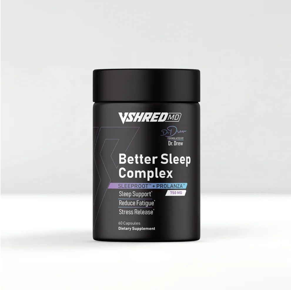 VShred MD Better Sleep Complex bottle promotes deeper rest and balanced nighttime cortisol.