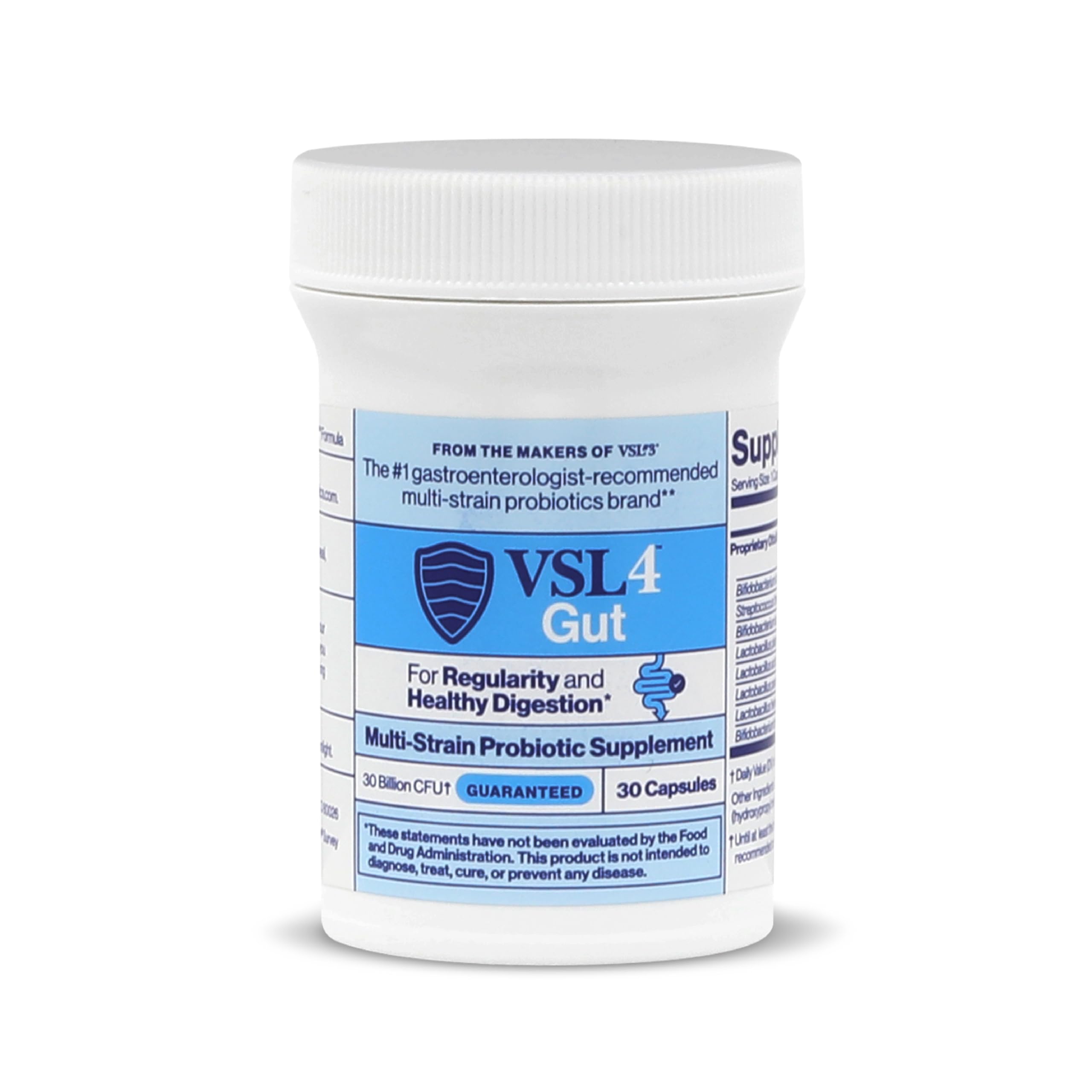 VSL4 Gut Daily Probiotics capsules inside bottle show multi-strain blend.