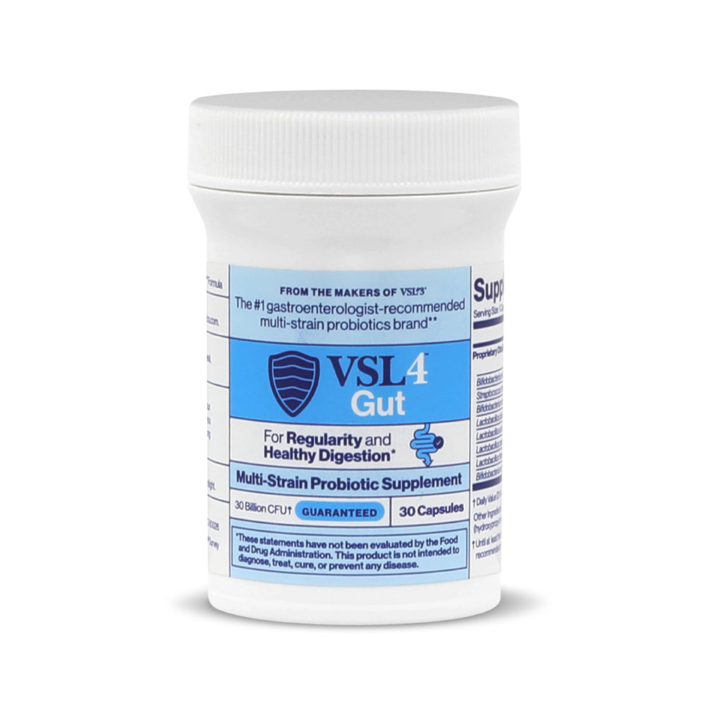VSL4 Gut Daily Probiotics capsules inside bottle show multi-strain blend.