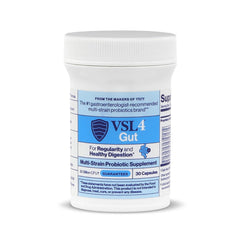VSL4 Gut Daily Probiotics capsules inside bottle show multi-strain blend.