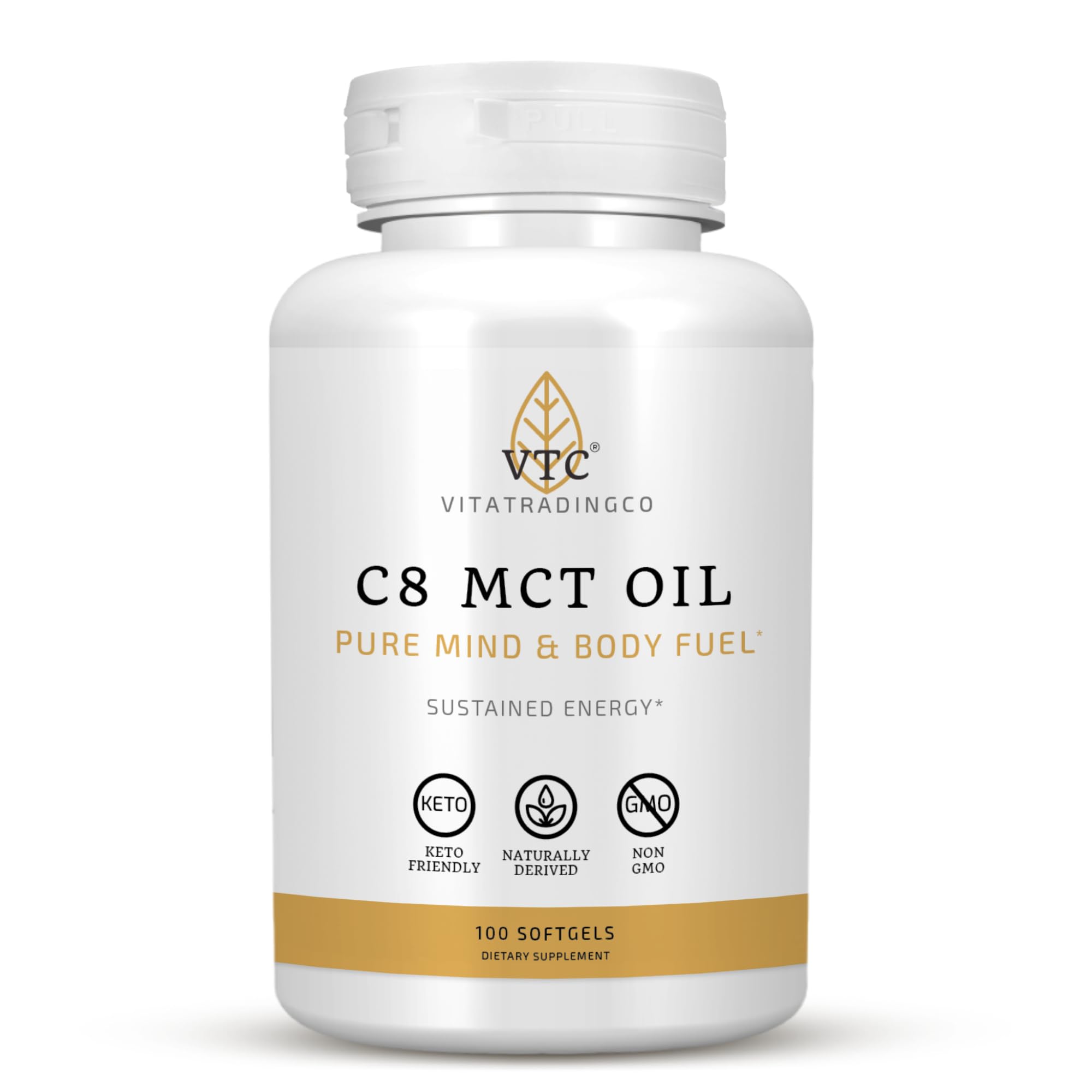 VTC C8 MCT oil capsules bottle pour showing quick energy for active days
