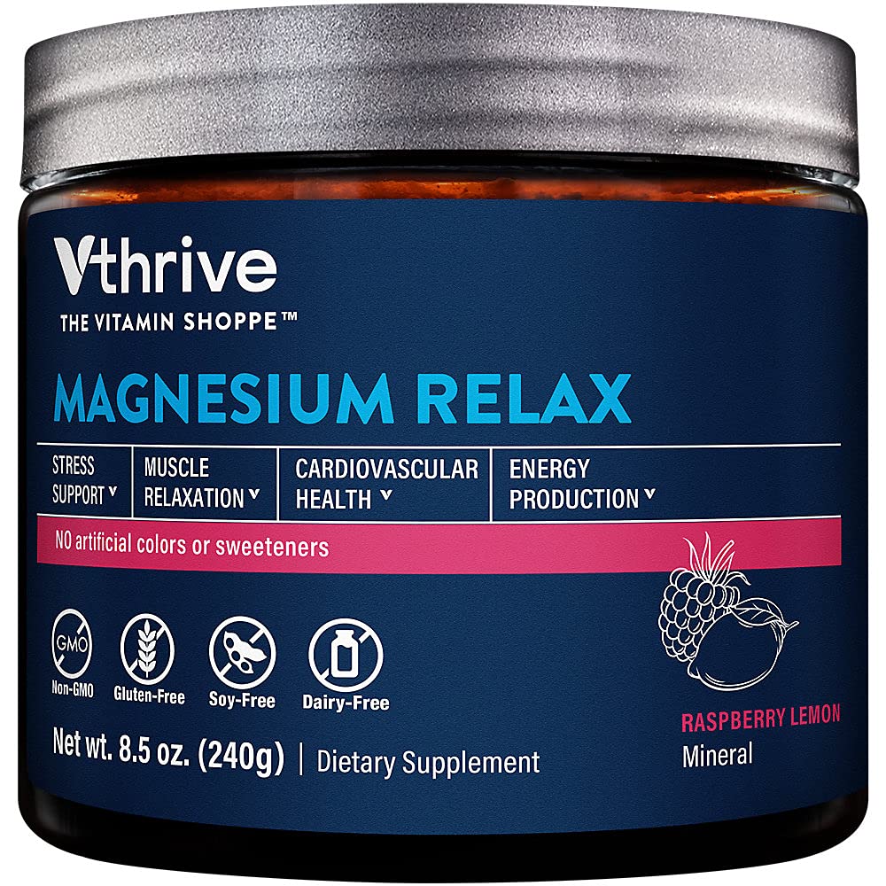 Vthrive Magnesium Relax bottle on counter suggesting daily calm and stress support