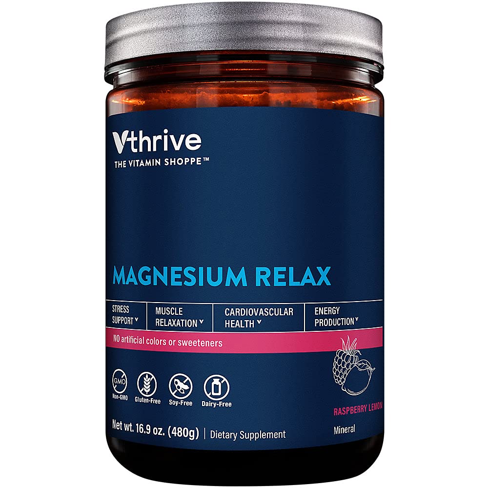 Vthrive Magnesium Relax powder tub with raspberry-lemon flavor, ready for daily use.