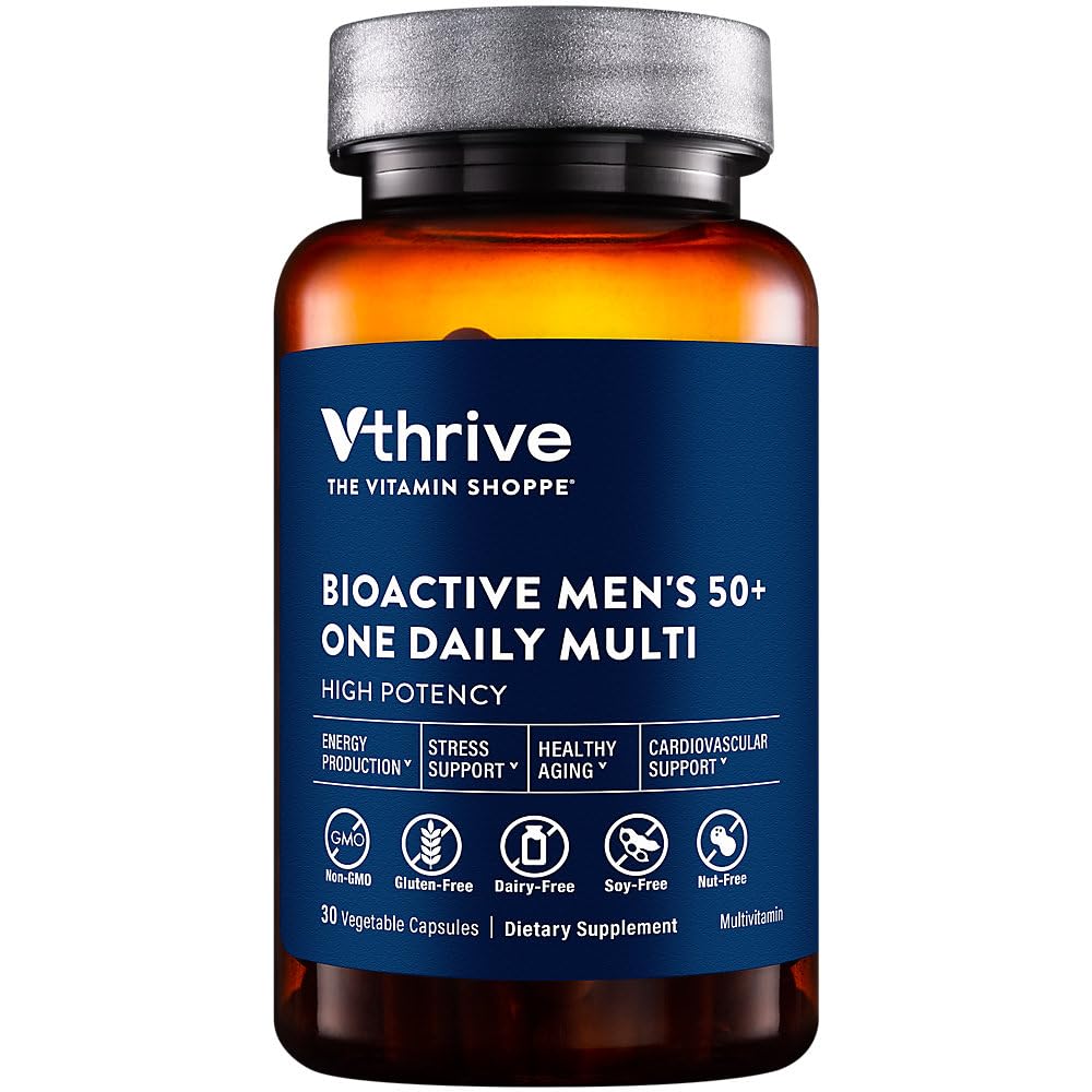 Vthrive Once-Daily Bioactive Multivitamin bottle supports daily energy and healthy aging for men 50+.