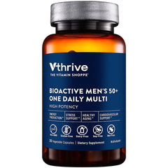 Vthrive Once-Daily Bioactive Multivitamin bottle supports daily energy and healthy aging for men 50+.