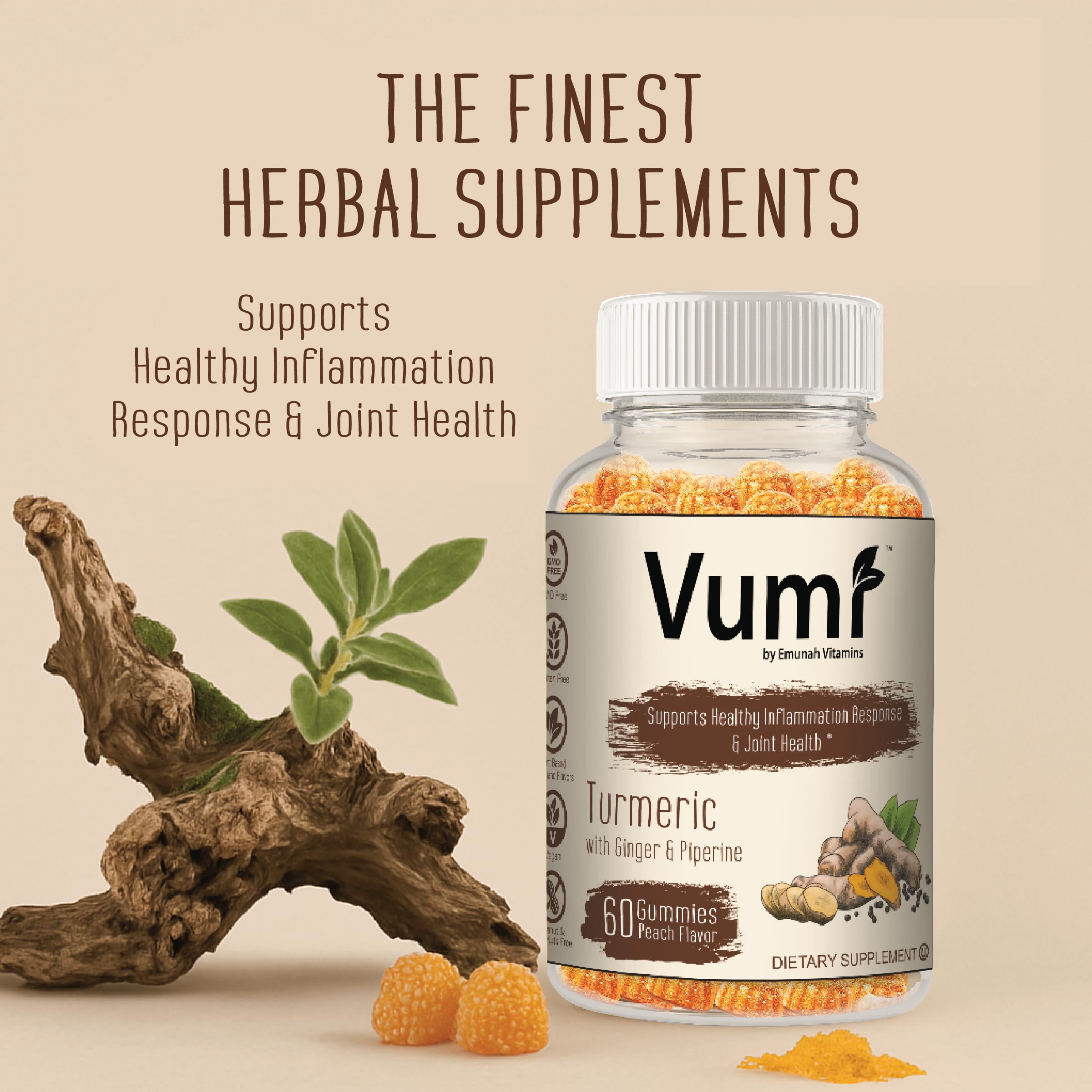 Vumi turmeric ginger gummies ingredients graphic highlighting clean, non-GMO formulation