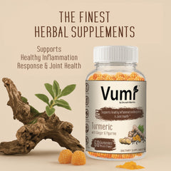 Vumi turmeric ginger gummies ingredients graphic highlighting clean, non-GMO formulation