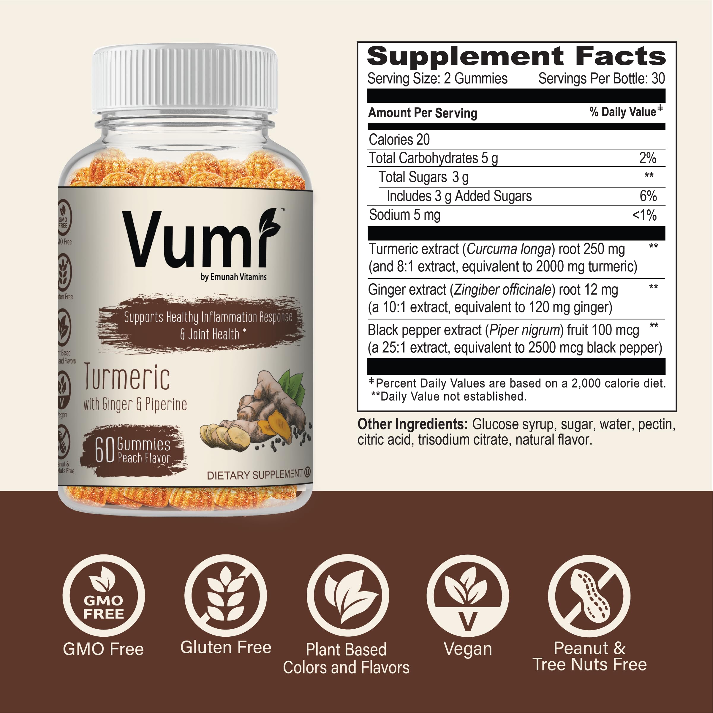 Vumi turmeric ginger gummies jar closeup emphasizing plant-based ingredients for daily vitality