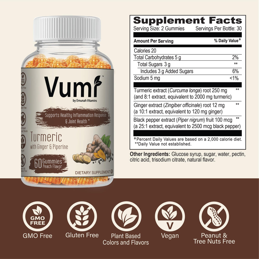 Vumi turmeric ginger gummies jar closeup emphasizing plant-based ingredients for daily vitality