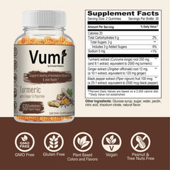 Vumi turmeric ginger gummies jar closeup emphasizing plant-based ingredients for daily vitality