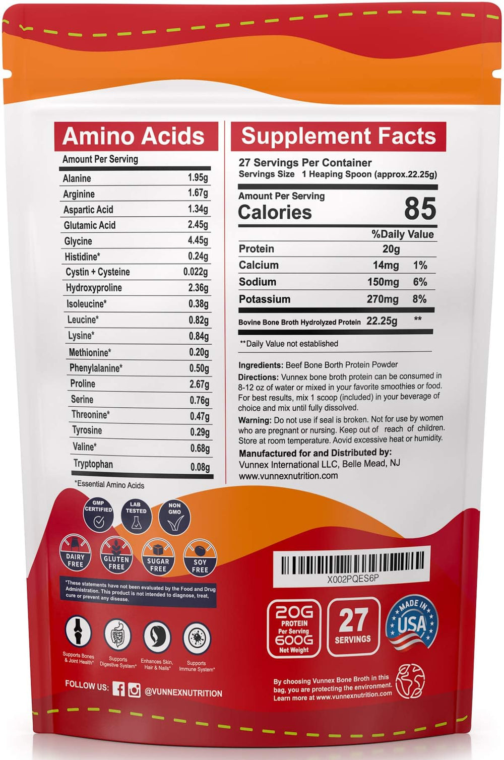 VUNNEX label highlights 20g protein per serving for daily nutrition.