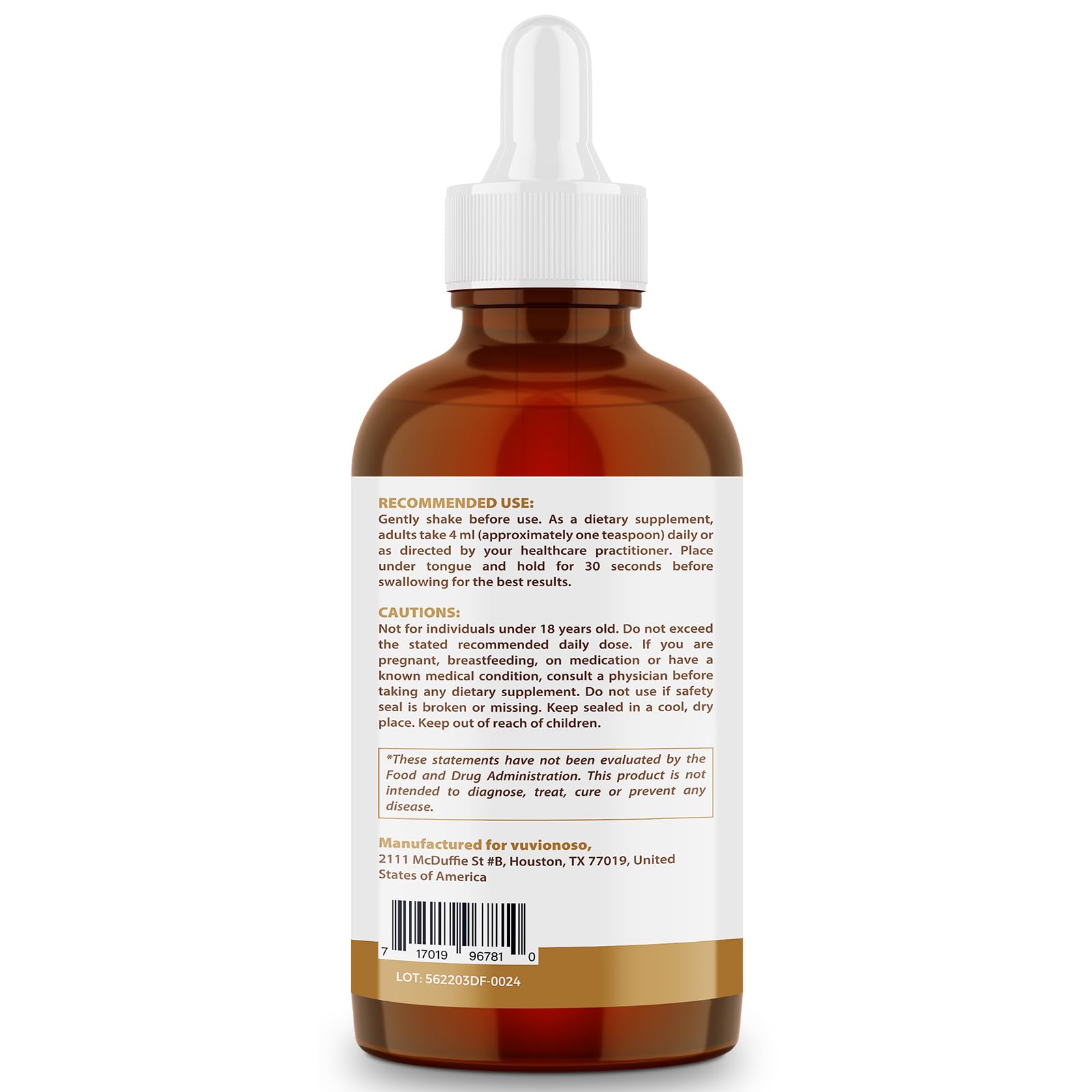 Vuvionoso Golden Seal Tincture amber bottle on neutral surface indicates premium packaging
