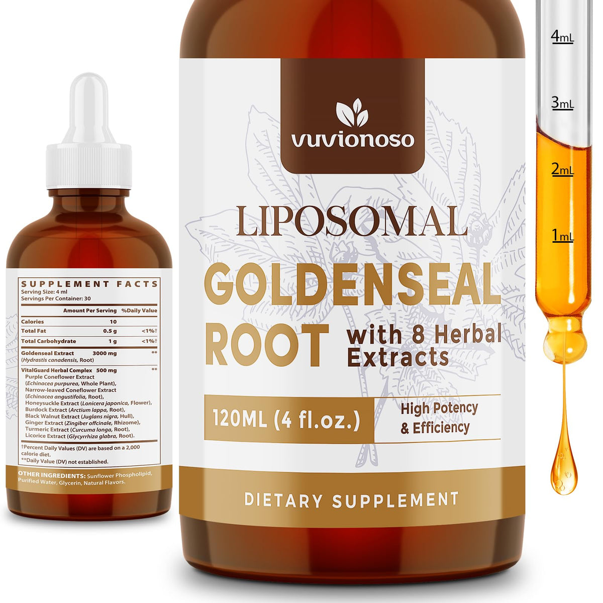 Vuvionoso Goldenseal bottle front highlighting the product for daily wellness