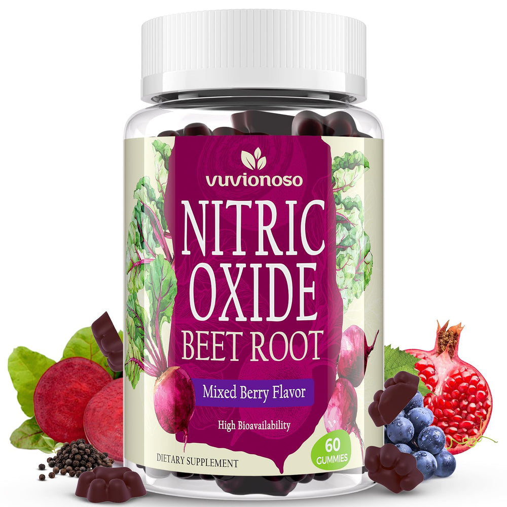 Vuvionoso Beet Root Gummies bottle front with mixed berry flavor and sugar-free formula