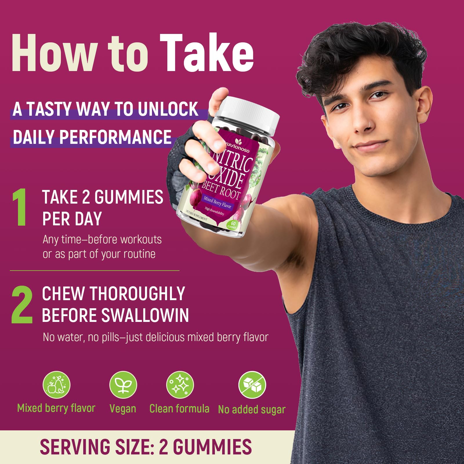 Vuvionoso Sugar-free badge on bottle emphasizes clean snacking